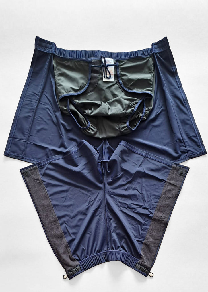 Pair of navy blue swimwear on a white background
