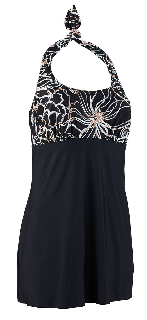 Kes-Vir Ladies Swim Dress in Black Floral